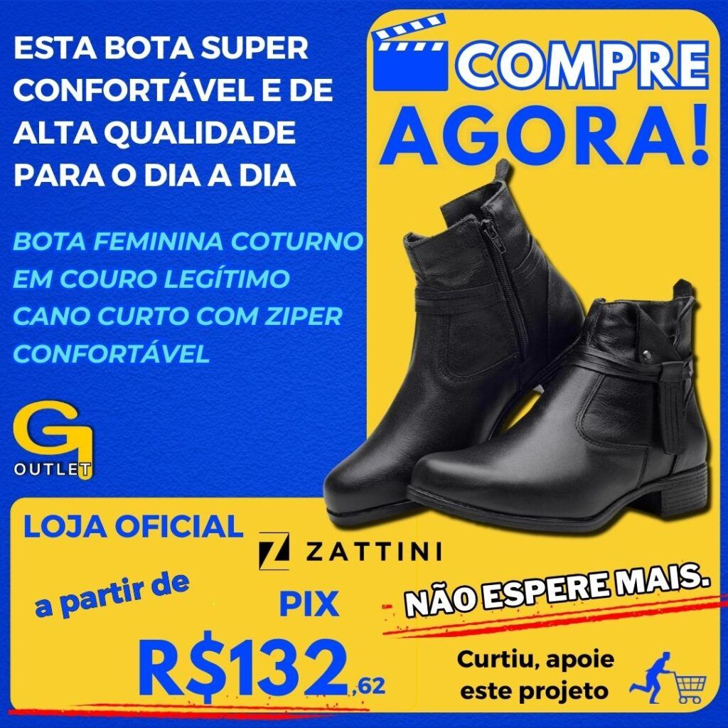 Bota Feminina Coturno em Couro Legítimo Cano Curto com Ziper Confortável Direto da Fábrica – Preto