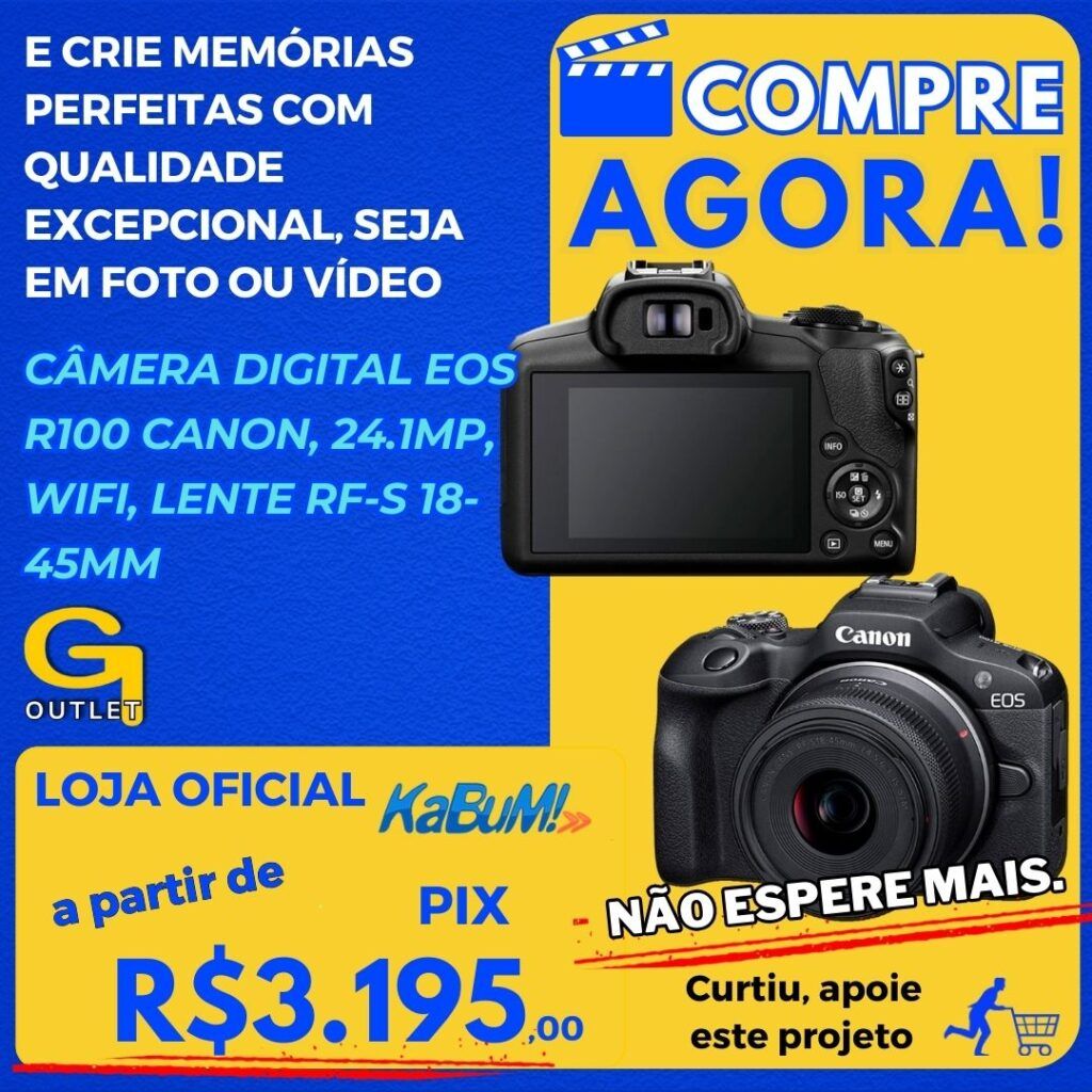 Câmera Digital EOS R100 Canon, 24.1MP, WiFi, Lente RF-S 18-45mm F4.5-6.3 IS STM - 6052C043AA