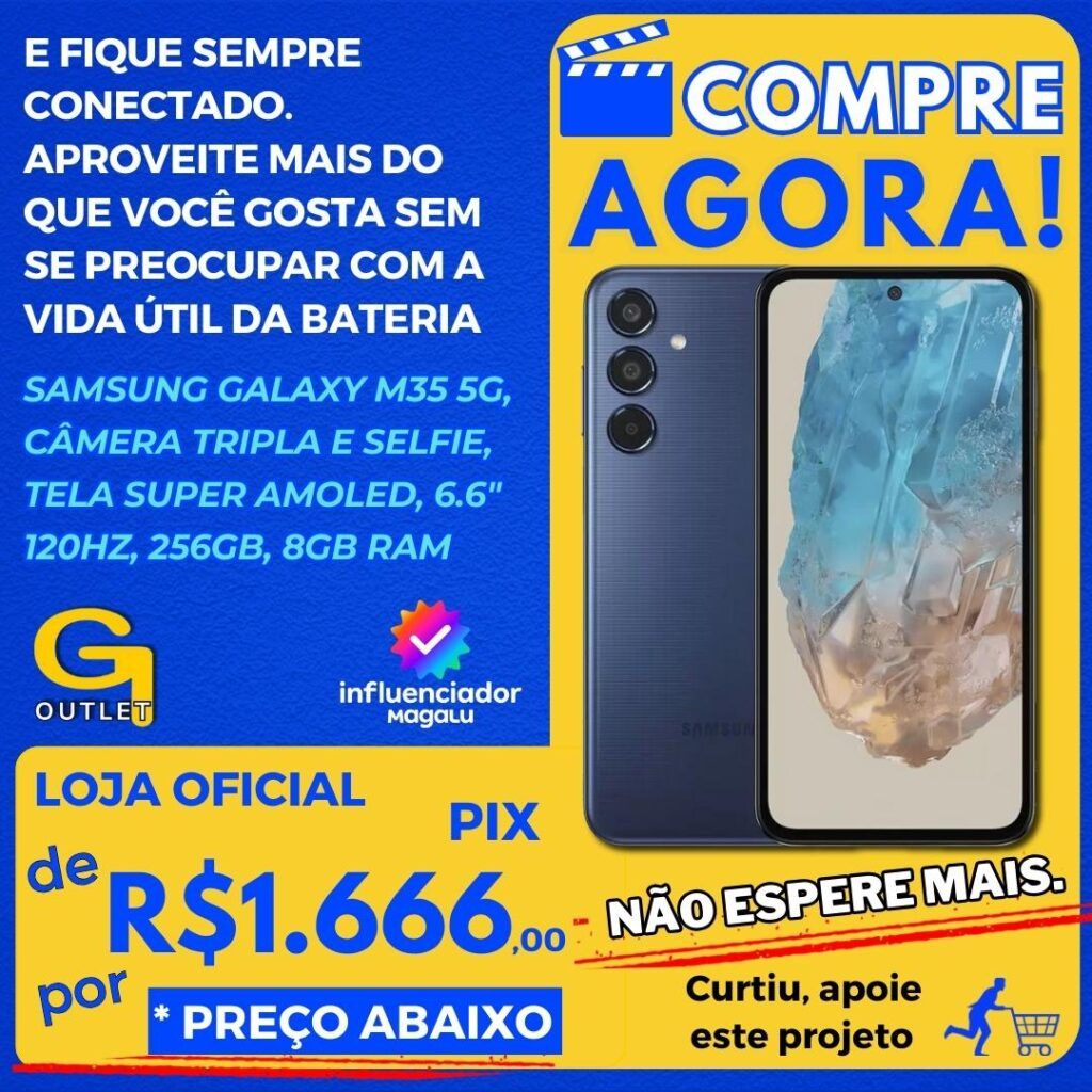 Celular Samsung Galaxy M35 5G, Câmera Tripla até 50MP, Selfie 50MP, Tela Super AMOLED + 6.6 120Hz, 256GB, 8GB RAM