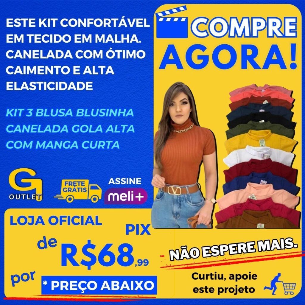 Kit 3 Blusa Blusinha Canelada Gola Alta Com Manga Curta