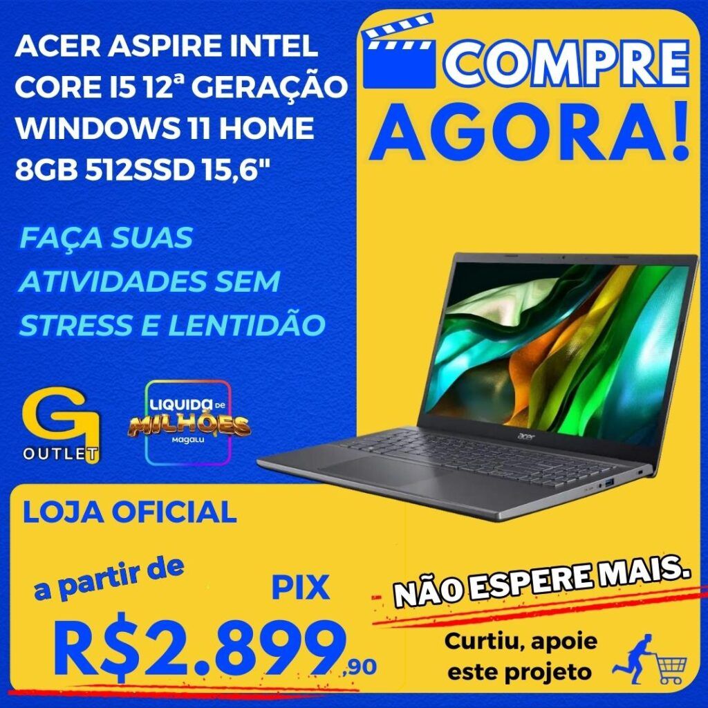 Notebook Acer Aspire 5 A515-57-57T3 Intel Core i5 12ª Geração Windows 11 Home 8GB 512SSD 15,6 FHD