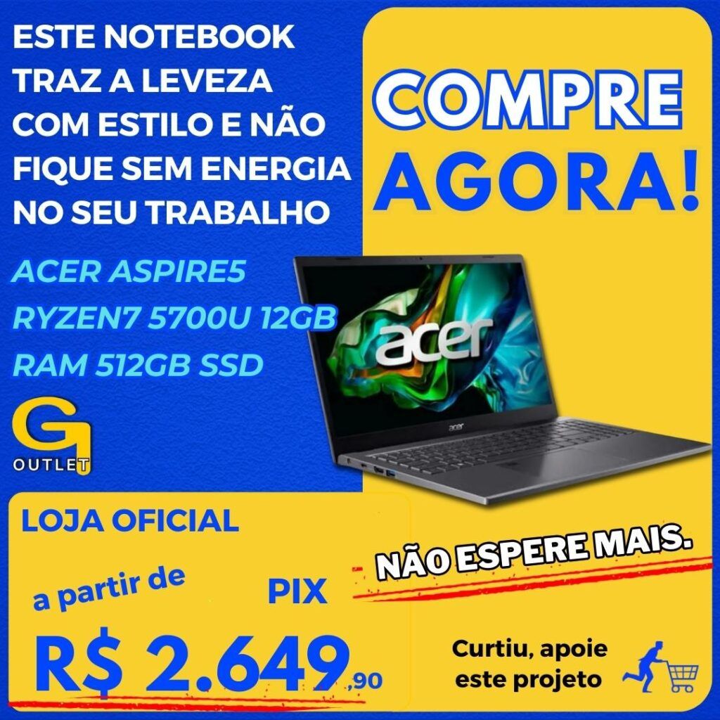 Notebook Acer Aspire5 A515-45-R36L AMD Ryzen7 5700U 12GB RAM (AMD Radeon) 512GB SSD 15.6” LED IPS Full HD Prata Teclado numérico Independente