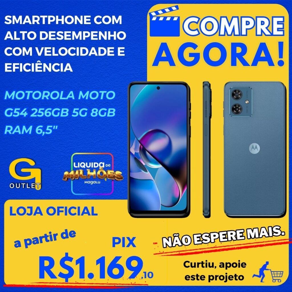 Smartphone Motorola Moto G54 256GB Azul 5G 8GB RAM 6,5 Câm. Dupla + Selfie 16MP Dual Chip