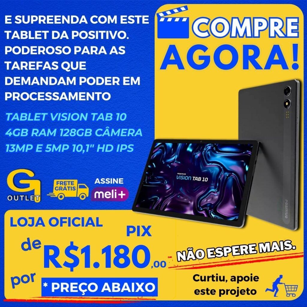 Tablet Vision Tab 10 4GB RAM 128GB Câmera 13MP e 5MP 10,1 HD IPS Android 13 Cor Preto Positivo