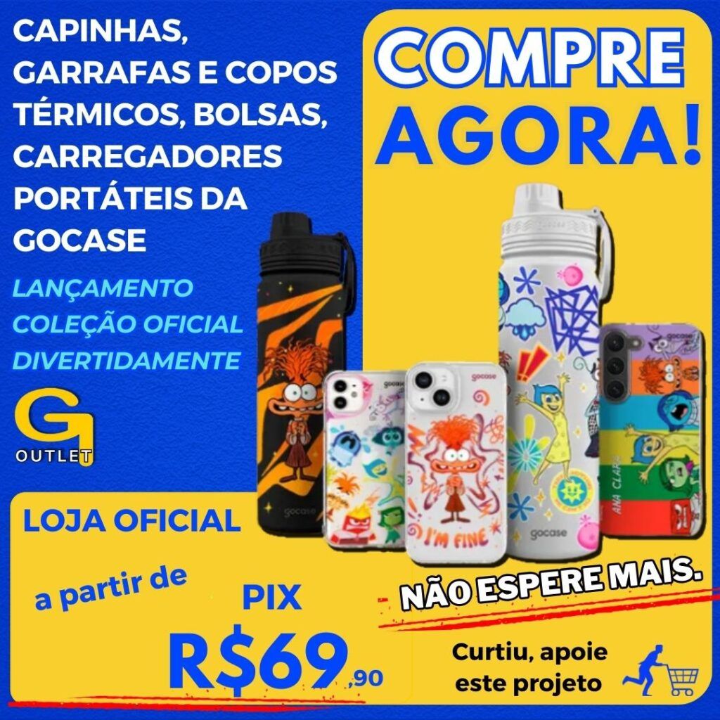 divertidamente, capinhas, garrafas e copos térmicos, bolsas, carregadores portáteis da gocase