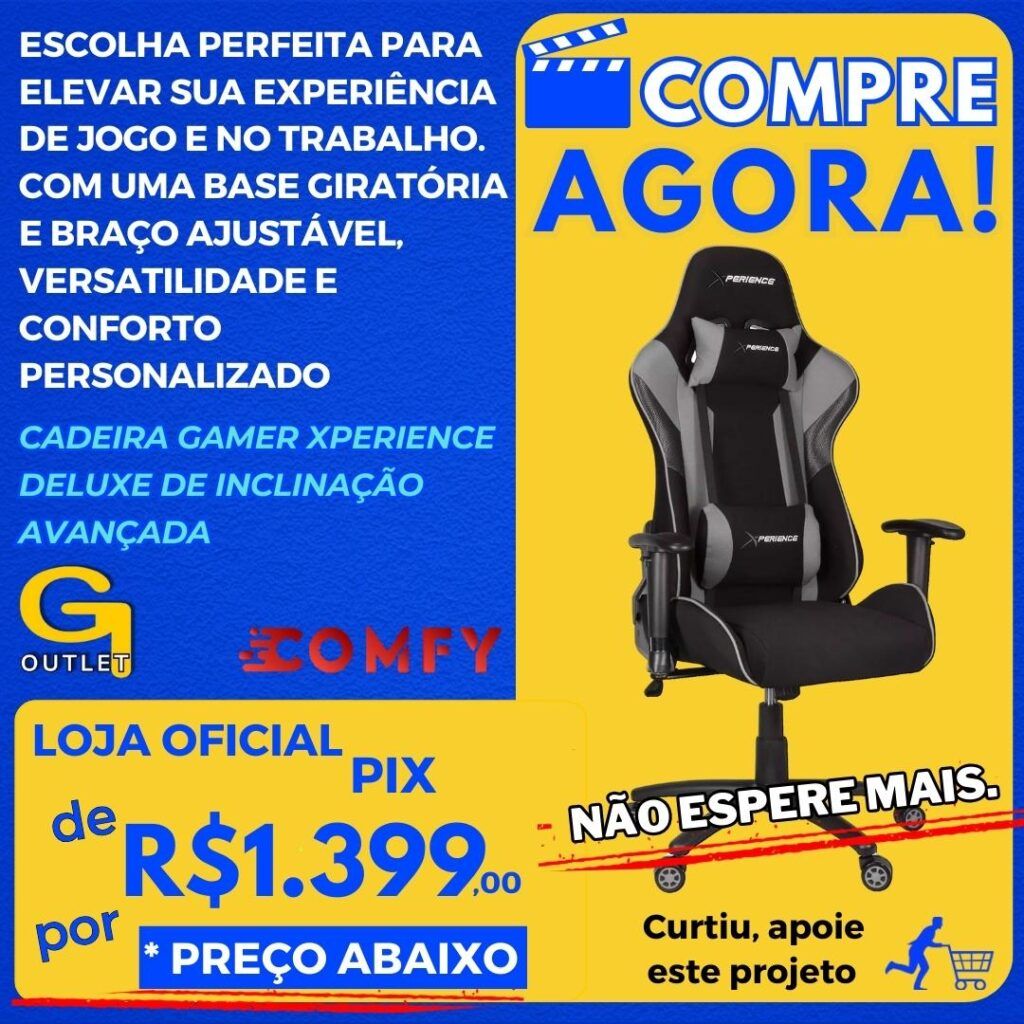 Cadeira Gamer Xperience Deluxe Cinza Base Giratória, Braço Ajustável e Sistema de Inclinação Avançado