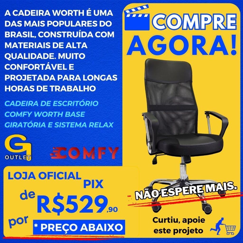 Cadeira de Escritório Comfy Worth Preta, Base Giratória e Sistema Relax