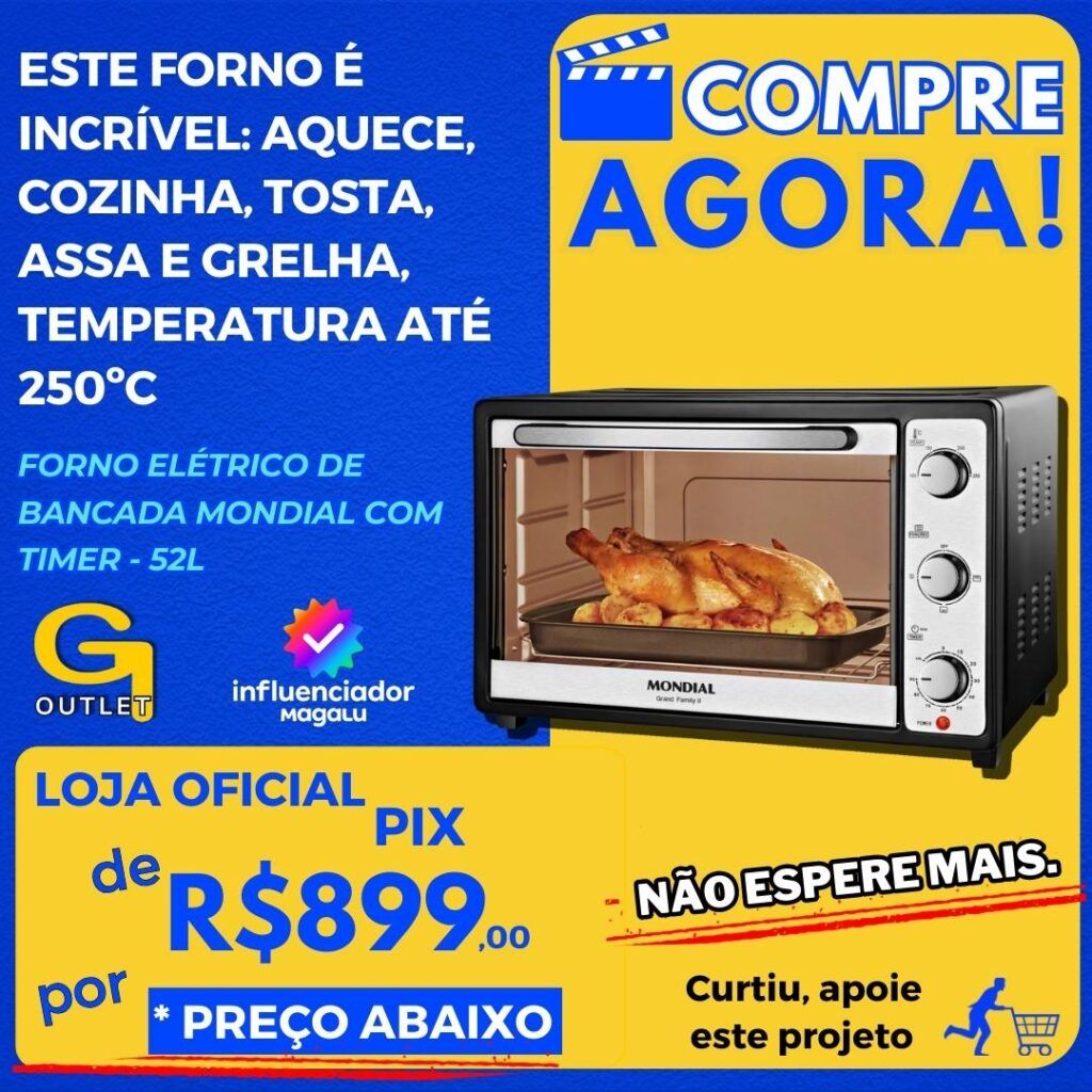 Forno Elétrico de Bancada Mondial com Timer - 52L Preto e Prata Grand Family II FR-52