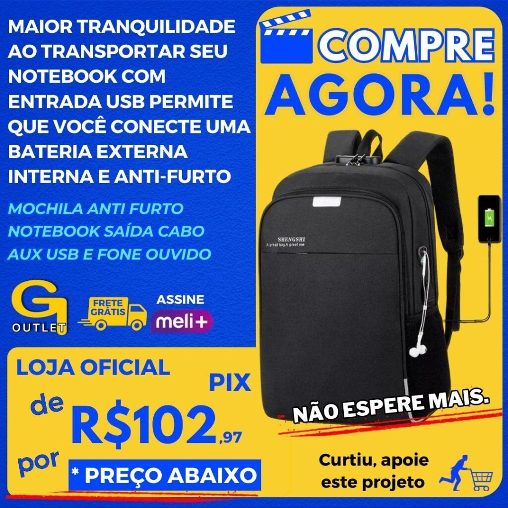 Mochila Anti Furto Notebook Saída Cabo Aux Usb E Fone Ouvido