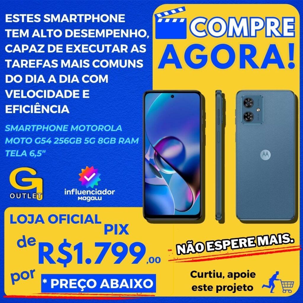 Smartphone Motorola Moto G54 256GB Azul 5G 8GB RAM 6,5 Câm. Dupla + Selfie 16MP Dual Chip