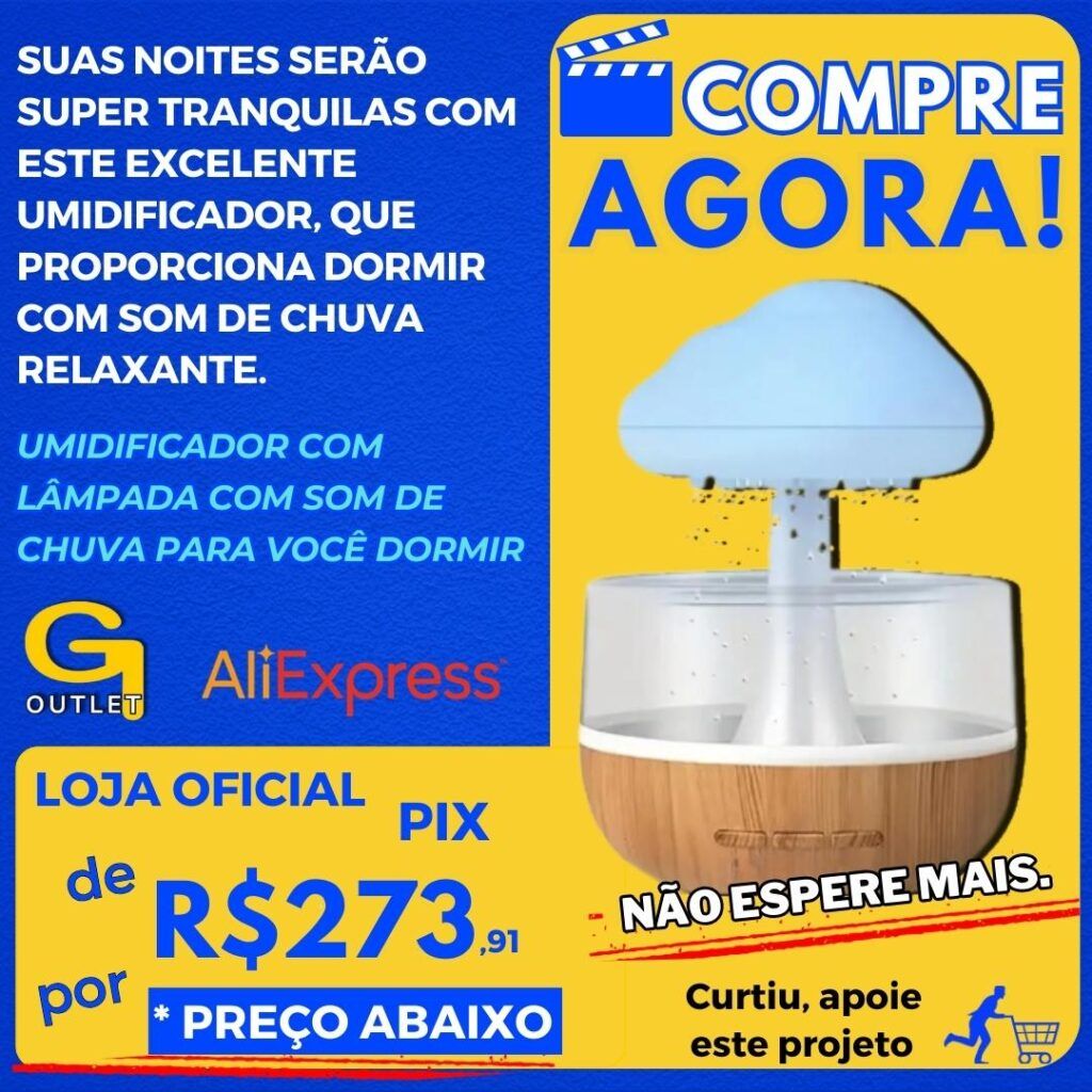 Umidificador com lâmpada com som de chuva para você dormir