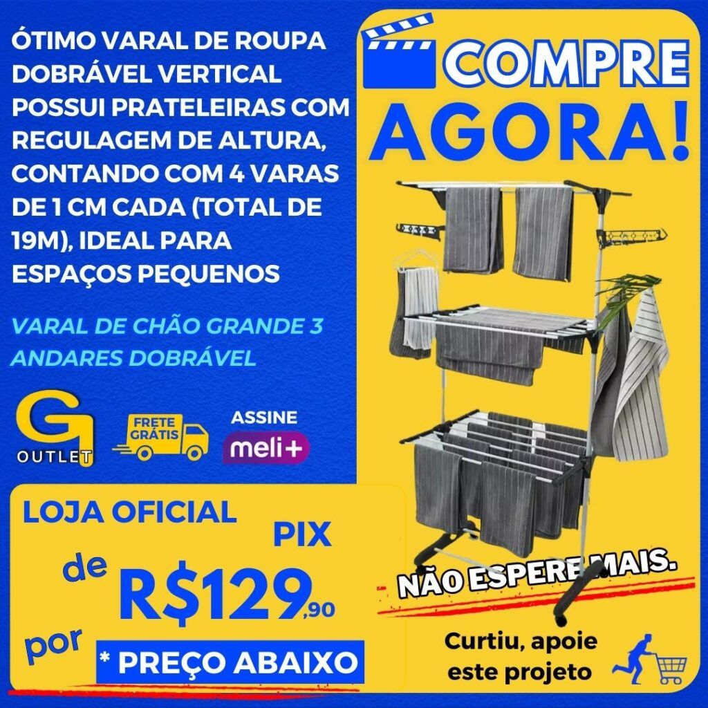 Varal de Chão Grande 3 Andares Dobrável