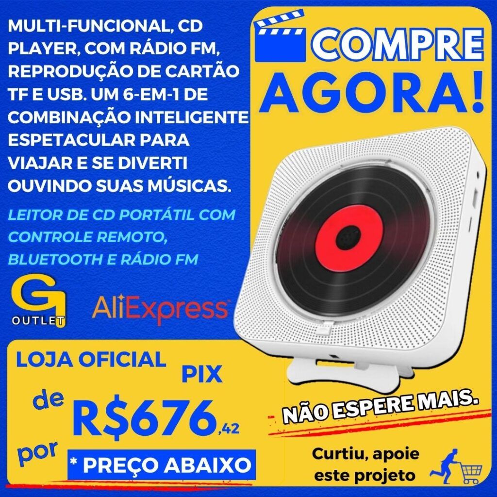 Leitor de CD portátil com controle remoto, Bluetooth e rádio fm