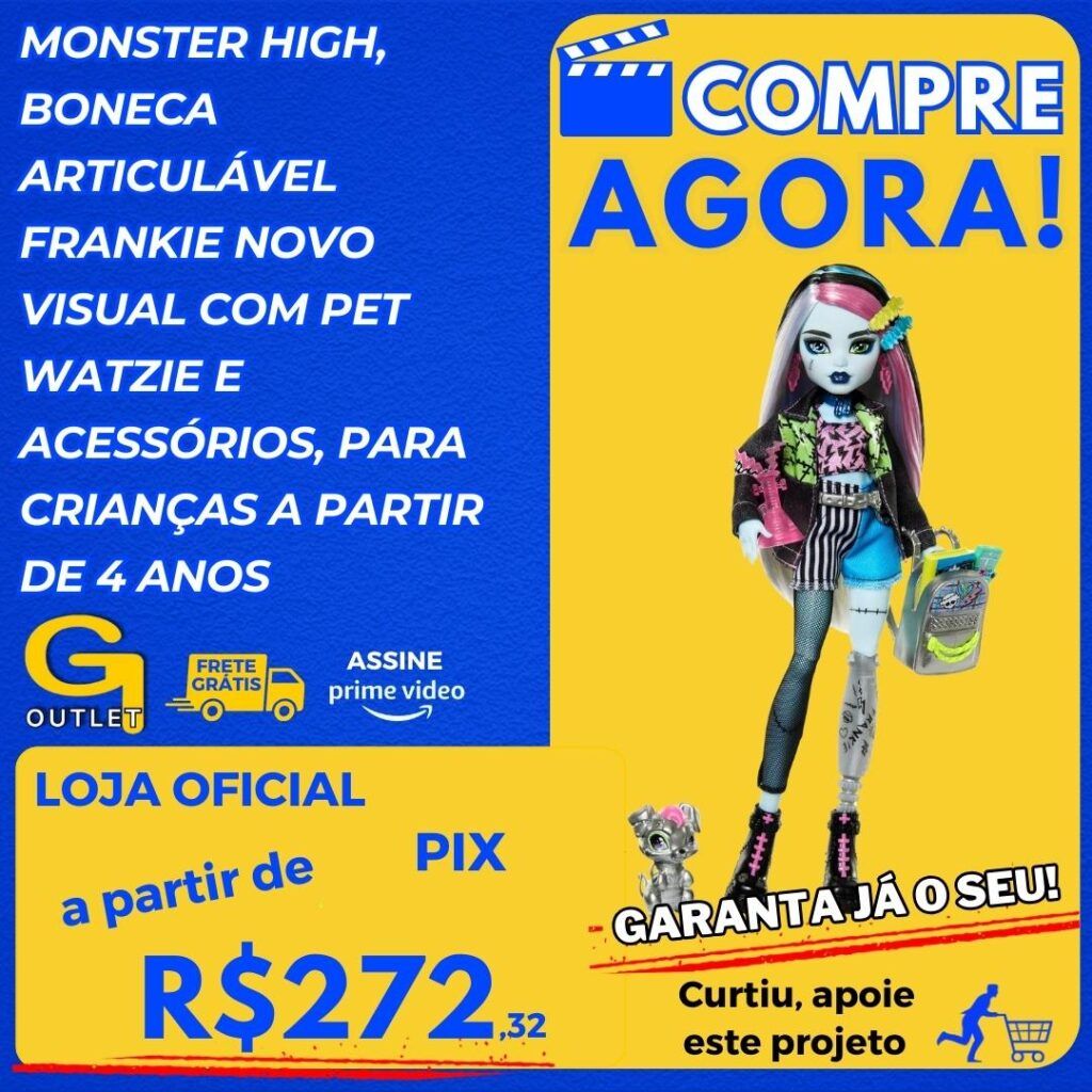 Monster High, Boneca Articulável Frankie Novo Visual com Pet Watzie e Acessórios, Para crianças a partir de 4 anos