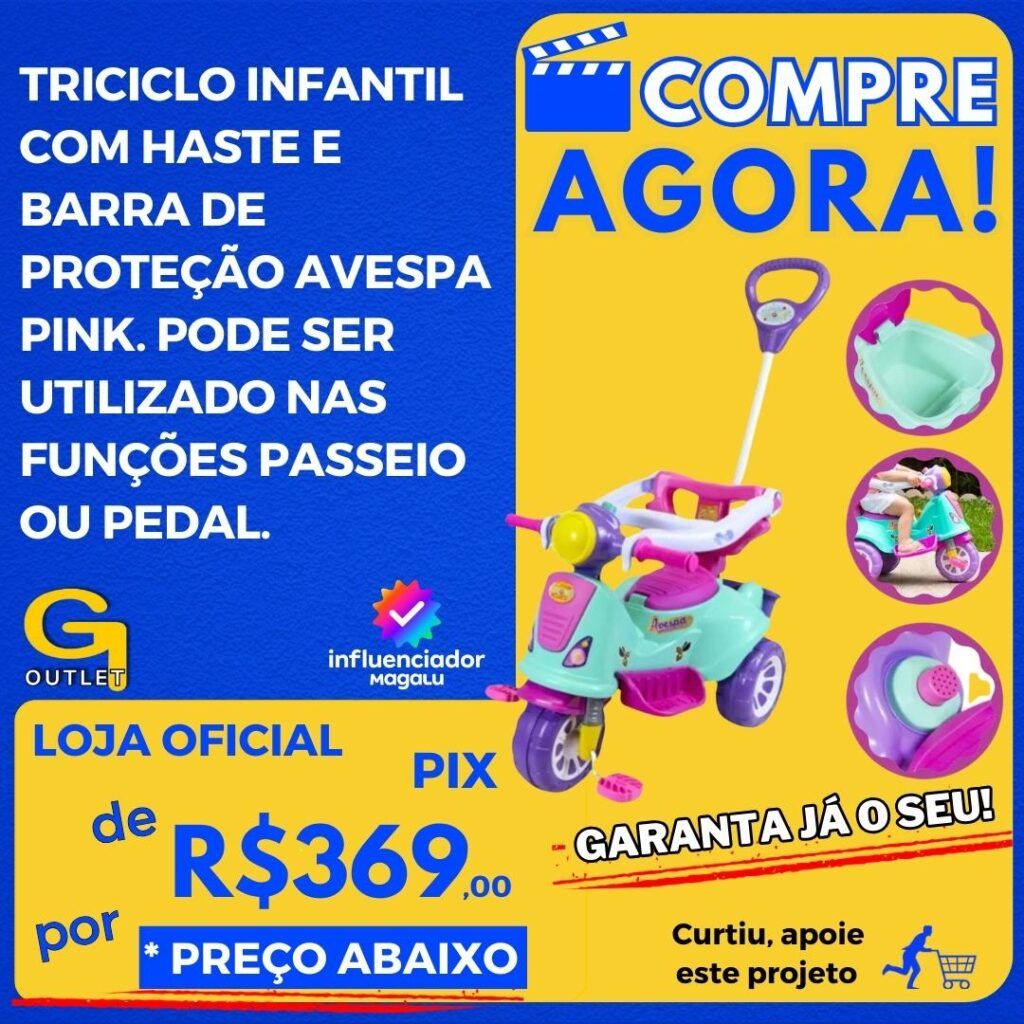 Triciclo Infantil Com Haste E Barra De ProteÇÃo Avespa Pink - Maral Brinquedos