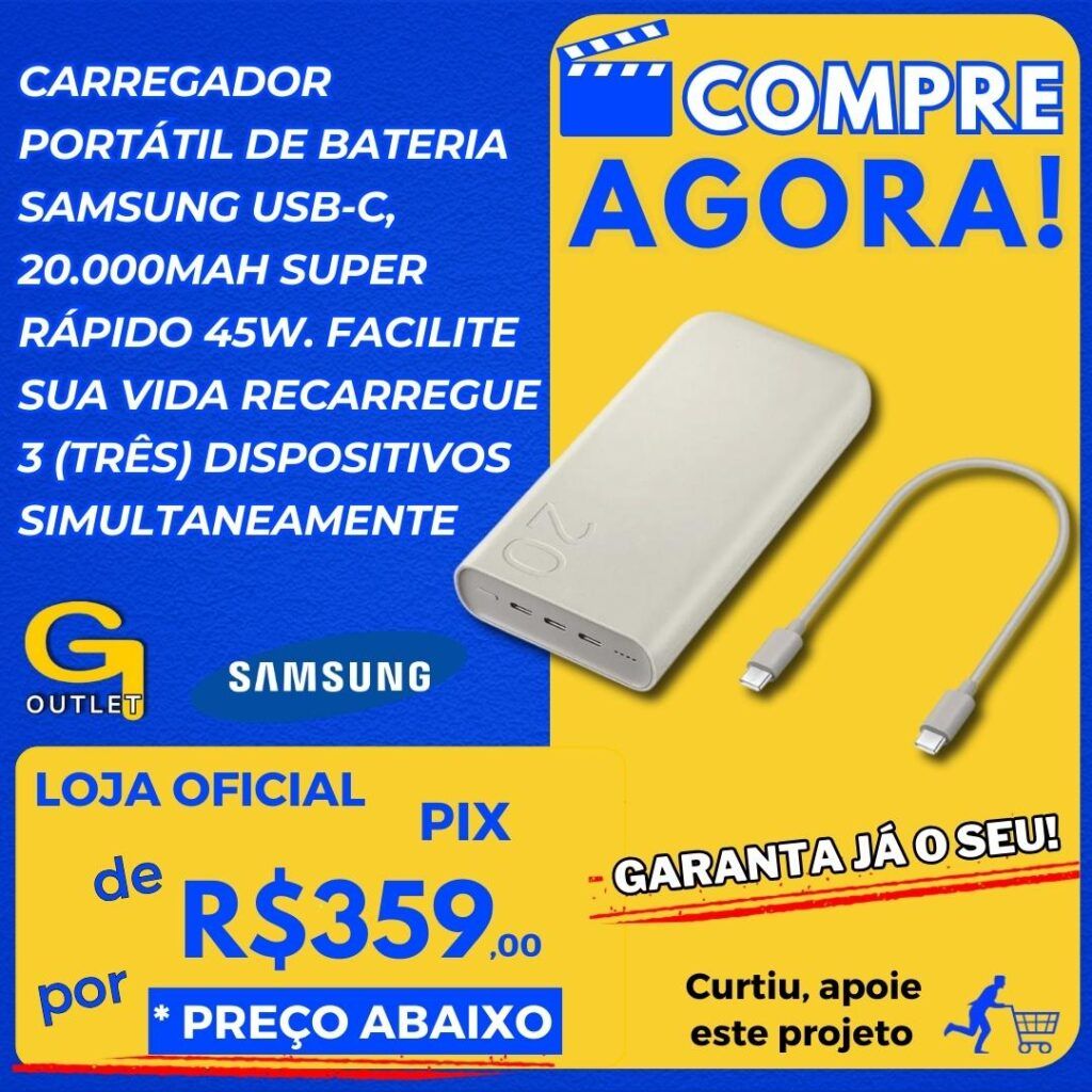 carregador portátil samsung usb-c 20.000 mah super rapido