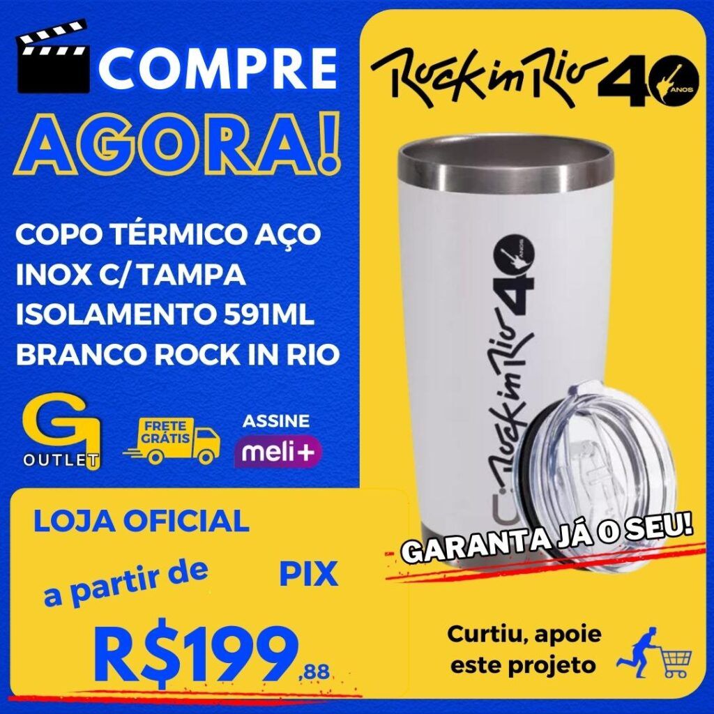 copo termico aco inox com tampa isolamento branco rock in rio