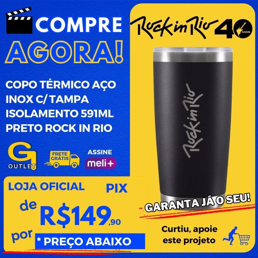 copo termico aco inox com tampa isolamento preto rock in rio