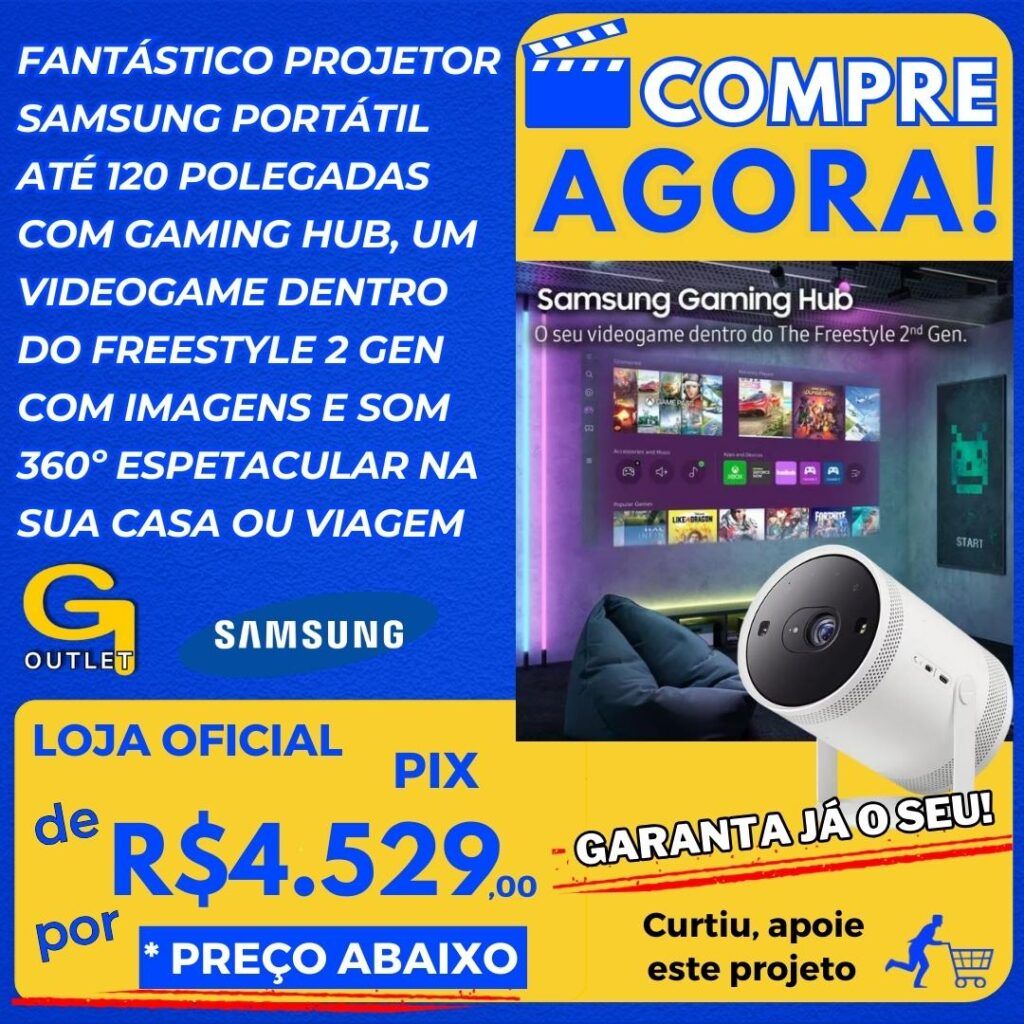 projeto samsung portatil até 120 polegadas com gaming hub