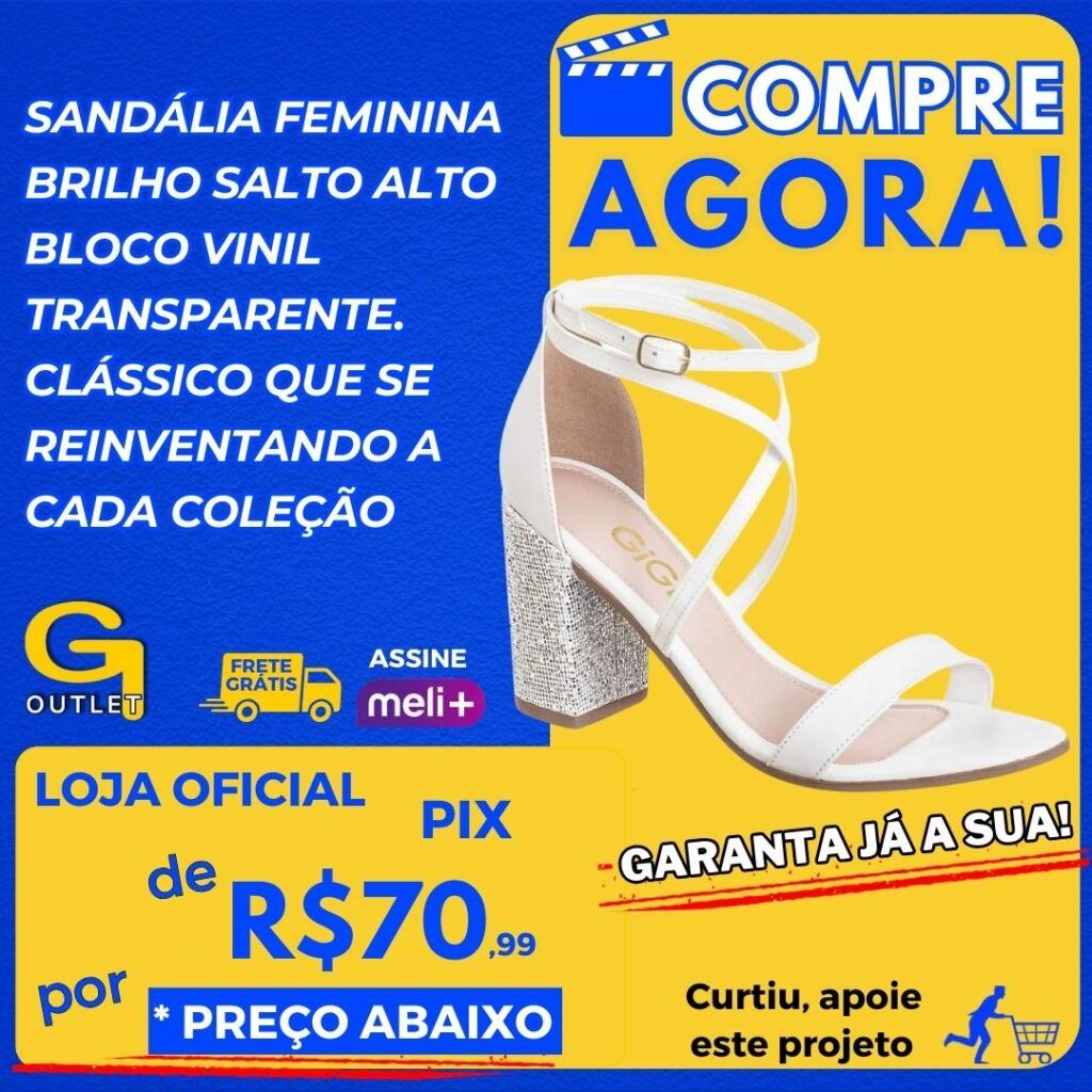 sandália femina brilho salto alto bloco vinil