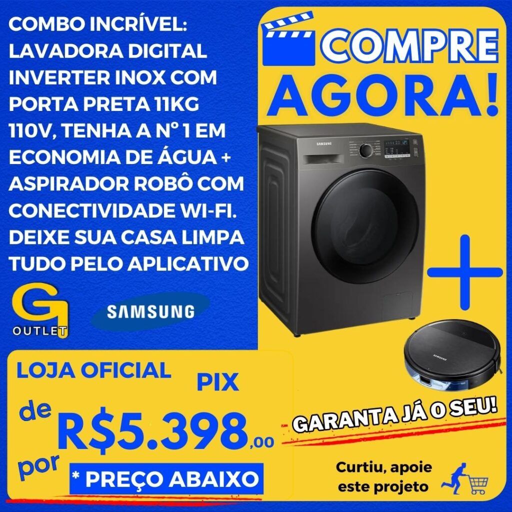 Lavadora Digital Inverter Inox com Porta Preta 11KG 110V + Aspirador Robô com conectividade Wi-FI Combo