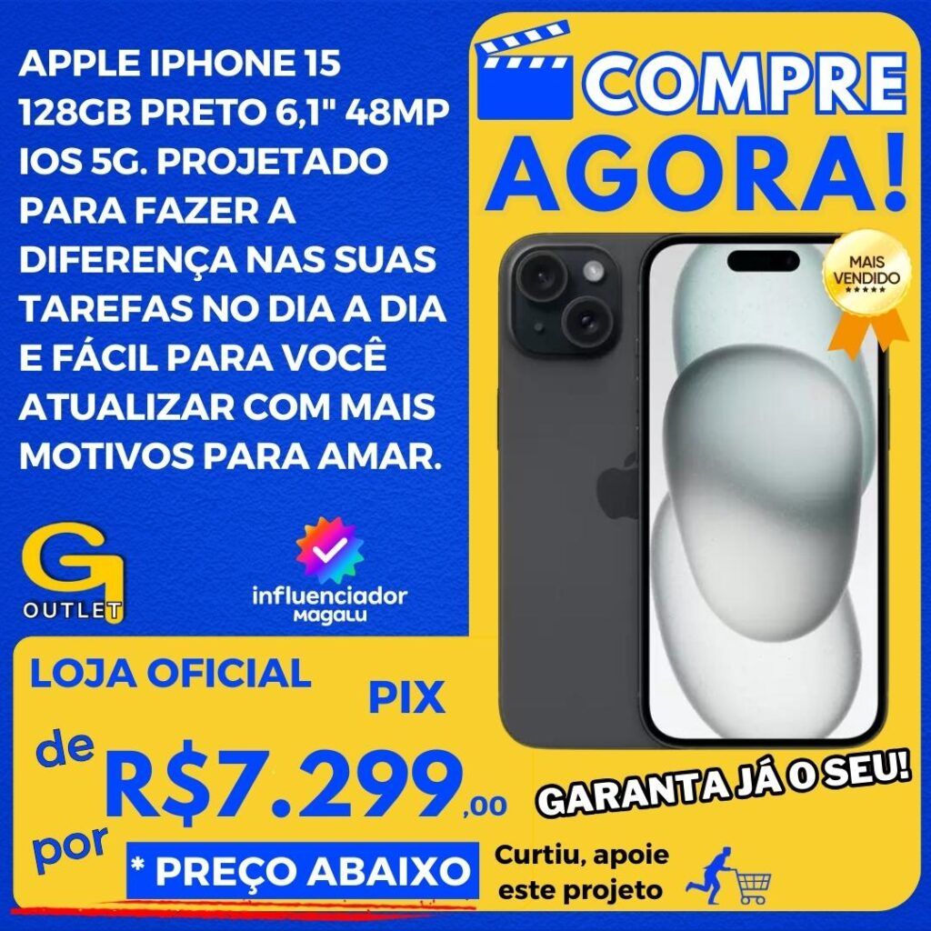 apple iphone 15 128gb preto 6,1 ios 5g