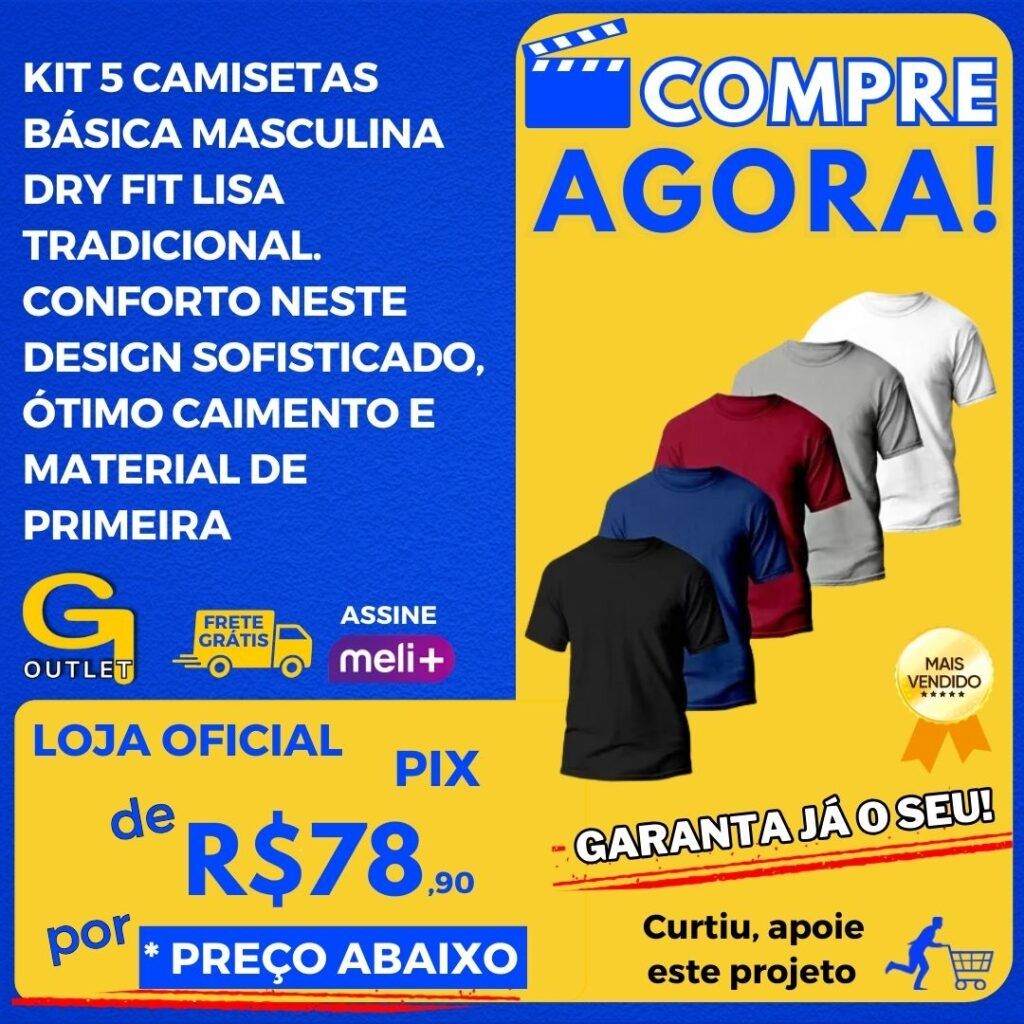 kit 5 camisetas básica masculina dry fit lisa tradicional