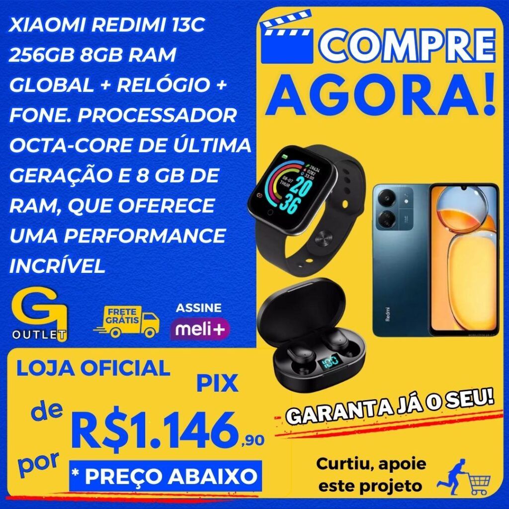 kit incrível xiaomi, celular redimi 13c 256gb + relogio + fone um lindo presente