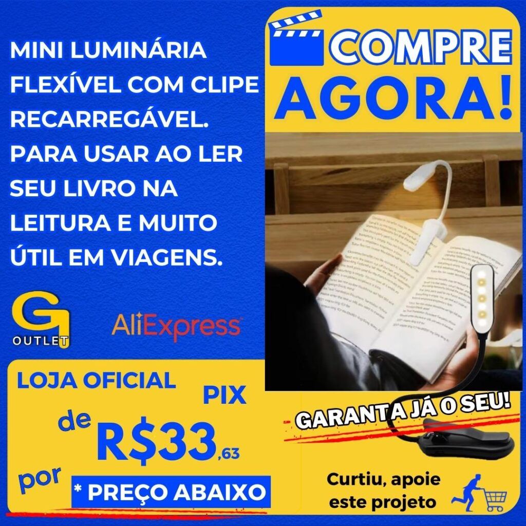 mini luminária flexivel com clipe recarregável para usar seu livro