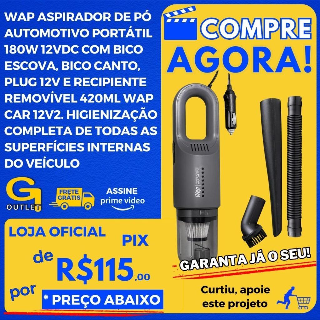 wap aspirador de pó automotivo portátil 180w 12v dc com bico e escova